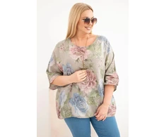 Moteriška Plus Size medvilninė palaidinė trumpomis rankovėmis su gėlių raštu, fango spalvos