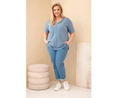 Moteriška Plus Size medvilninė palaidinė su sagute, džinso mėlynos spalvos