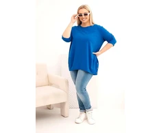 Moteriška Plus Size medvilninė palaidinė su dekoratyvinėmis sagomis, kobalto mėlynos spalvos