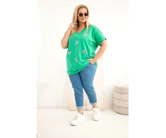 Moteriška Plus Size medvilninė palaidinė su plunksnų aplikacijomis, žalia