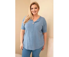 Moteriška Plus Size medvilninė palaidinė su sagute, džinso mėlynos spalvos