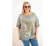 Moteriška Plus Size medvilninė palaidinė trumpomis rankovėmis, chaki spalvos su gėlių raštu