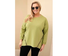 Moteriška Plus Size medvilninė palaidinė su leopardo rašto detalėmis, alyvuogių spalvos