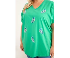 Moteriška Plus Size medvilninė palaidinė su plunksnų aplikacijomis, žalia