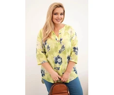 Moteriška Plus Size medvilninė palaidinė su gėlių raštu, šviesiai žalios spalvos