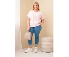 Moteriška Plus Size medvilninė palaidinė su siuvinėtomis gėlėmis, šviesiai rožinė