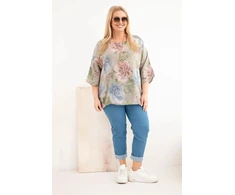 Moteriška Plus Size medvilninė palaidinė trumpomis rankovėmis su gėlių raštu, fango spalvos