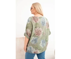 Moteriška Plus Size medvilninė palaidinė trumpomis rankovėmis, chaki spalvos su gėlių raštu
