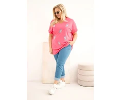Moteriška Plus Size medvilninė palaidinė su plunksnų aplikacijomis, rožinė