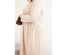 Moteriška Plus Size medvilninė suknelė ilgomis rankovėmis, smėlio spalvos