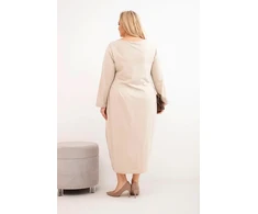 Moteriška Plus Size medvilninė suknelė ilgomis rankovėmis, smėlio spalvos