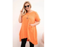 Moteriška Plus Size medvilninė suknelė su asimetriniu kraštu ir kišene, oranžinės spalvos