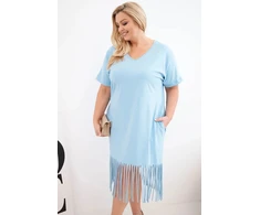Moteriška Plus Size medvilninė suknelė su V formos iškirpte ir kutais, mėlyna