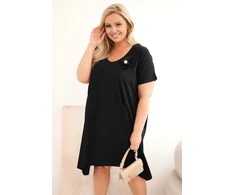 Moteriška Plus Size medvilninė suknelė su sage ir V formos iškirpte, juoda