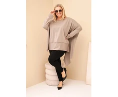 Moteriška Plus Size medvilninė tunika su asimetriniu apačios kraštu, kapučino spalvos