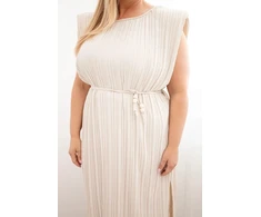 Moteriška Plus Size midi suknelė su surišimu ties juosmeniu, smėlio spalvos