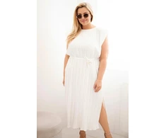 Moteriška Plus Size midi suknelė su surišimu ties juosmeniu, ekru spalvos