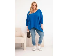 Moteriška Plus Size palaidinė su asimetriniu apačios kraštu ir V formos iškirpte, mėlynos spalvos