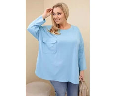Moteriška Plus Size palaidinė su medvilne, kišene ir užlenkiamomis rankovėmis, mėlynos spalvos