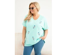 Moteriška Plus Size palaidinė su plunksnų aplikacijomis, mėtų spalvos