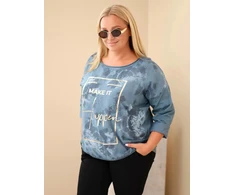 Moteriška Plus Size palaidinė su spauda ir U formos iškirpte, džinso mėlynos spalvos