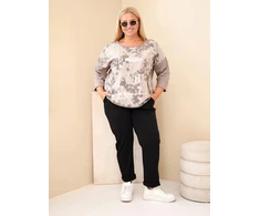 Moteriška Plus Size palaidinė su spauda ir U formos iškirpte, fango spalvos