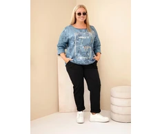Moteriška Plus Size palaidinė su spauda ir U formos iškirpte, džinso mėlynos spalvos