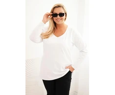 Moteriška Plus Size palaidinė su V formos iškirpte ir ilgomis rankovėmis, balta