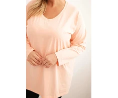 Moteriška Plus Size palaidinė su V formos iškirpte ir ilgomis rankovėmis, persikinės spalvos