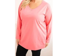 Moteriška Plus Size palaidinė su V formos iškirpte, ilgomis rankovėmis, rožinės spalvos