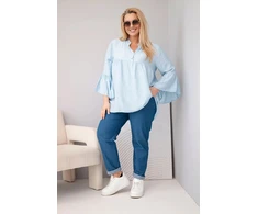 Moteriška Plus Size palaidinė su V formos iškirpte ir rankovėmis su klostėmis, mėlyna