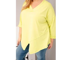 Moteriška Plus Size palaidinė su V formos iškirpte, asimetrine apačia, neoninės geltonos spalvos