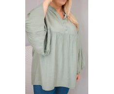 Moteriška Plus Size palaidinė su V formos iškirpte ir raukiniais ant rankovių, chaki spalvos