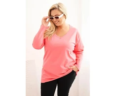 Moteriška Plus Size palaidinė su V formos iškirpte, ilgomis rankovėmis, rožinės spalvos