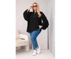 Moteriška Plus Size palaidinė su V formos iškirpte ir rankovėmis su raukiniais, juoda