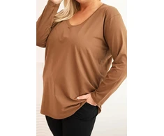 Moteriška Plus Size palaidinė su V formos iškirpte ir ilgomis rankovėmis, rudos spalvos