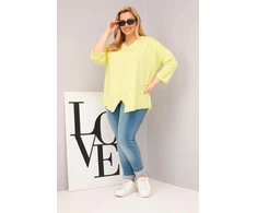 Moteriška Plus Size palaidinė su V formos iškirpte, asimetrine apačia, neoninės geltonos spalvos