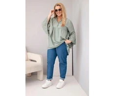 Moteriška Plus Size palaidinė su V formos iškirpte ir raukiniais ant rankovių, chaki spalvos