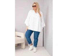 Moteriška Plus Size palaidinė su V formos iškirpte ir rauktomis rankovėmis, balta