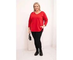 Moteriška Plus Size palaidinė su V formos iškirpte ir rankogaliais, raudonos spalvos