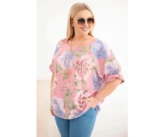 Moteriška Plus Size palaidinė trumpomis rankovėmis, tamsiai rožinė su gėlių raštu