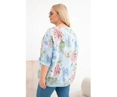 Moteriška Plus Size palaidinė trumpomis rankovėmis su gėlių raštu, mėlyna