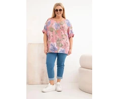 Moteriška Plus Size palaidinė trumpomis rankovėmis, tamsiai rožinė su gėlių raštu
