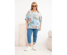 Moteriška Plus Size palaidinė trumpomis rankovėmis su gėlių raštu, mėlyna