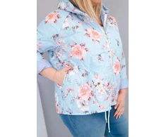 Moteriška Plus Size pavasarinė pikota striukė su gobtuvu ir gėlių raštu, mėlynos spalvos