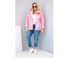 Moteriška Plus Size pavasarinė pikota striukė su gobtuvu ir gėlių raštu, šviesiai rožinė