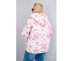Moteriška Plus Size pavasarinė pikota striukė su gobtuvu ir gėlių raštu, pudrinės rožinės spalvos