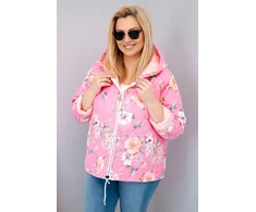 Moteriška Plus Size pavasarinė pikota striukė su gobtuvu ir gėlių raštu, šviesiai rožinė