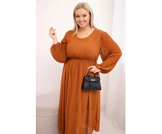 Moteriška Plus Size plisuota suknelė su ilgomis rankovėmis, kapučino spalvos