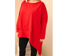 Moteriška Plus Size raudona tunika su asimetriniu apačios kraštu